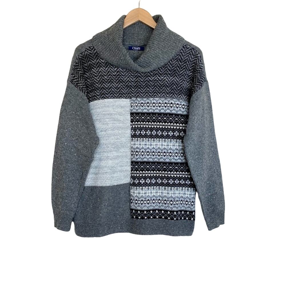 Chaps Gray Patchwork Fair Isle Cowl Neck Chunky K… - image 3